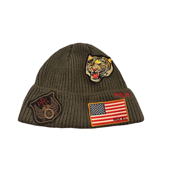 Polo Ralph Lauren Other - Polo Ralph Lauren Men Olive Green Ribbed Knit Beanie Tiger American Flag Patches